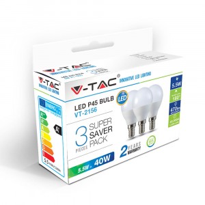 Λάμπα LED E14 P45 SMD 5.5W Θερμό λευκό 2700K Λευκό Blister 3 τμχ. VTAC 7357