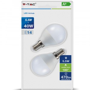 Λάμπα LED E14 P45 SMD 5.5W Φυσικό λευκό 4000K Λευκό Blister 2 τμχ. vtac 7356