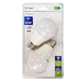 Λάμπα LED E27 A60 SMD 9W Θερμό λευκό 2700K Λευκό Blister 2 τμχ 7294