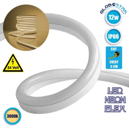 NEON FLEX LED Λευκή 1m 12W/m 24V 120 SMD/m 2835 SMD 880lm/m 120° Αδιάβροχη IP66 Θερμό Λευκό 3000k Dimmable GloboStar 22620