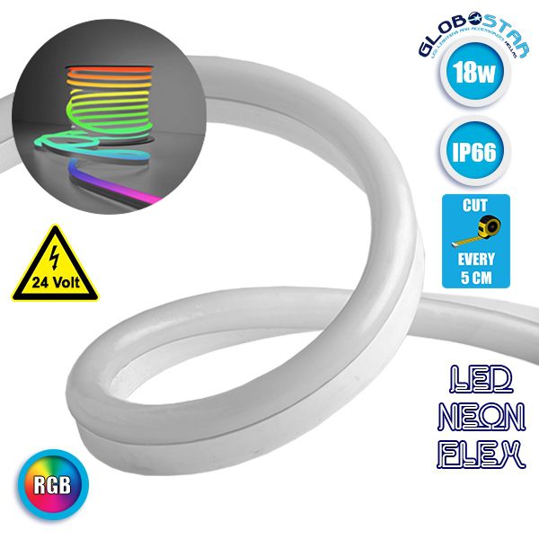 NEON FLEX LED Λευκή 1m 18W/m 24V 120 SMD/m 2835 SMD 450lm/m 120° Αδιάβροχη IP66 RGB Dimmable GloboStar 22626