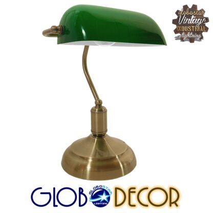 Vintage Επιτραπέζιο Φωτιστικό Πορτατίφ Μονόφωτο Μεταλλικό Χρυσό Μπρούτζινο με Πράσινο Καπέλο GloboStar BANKER GREEN 01391